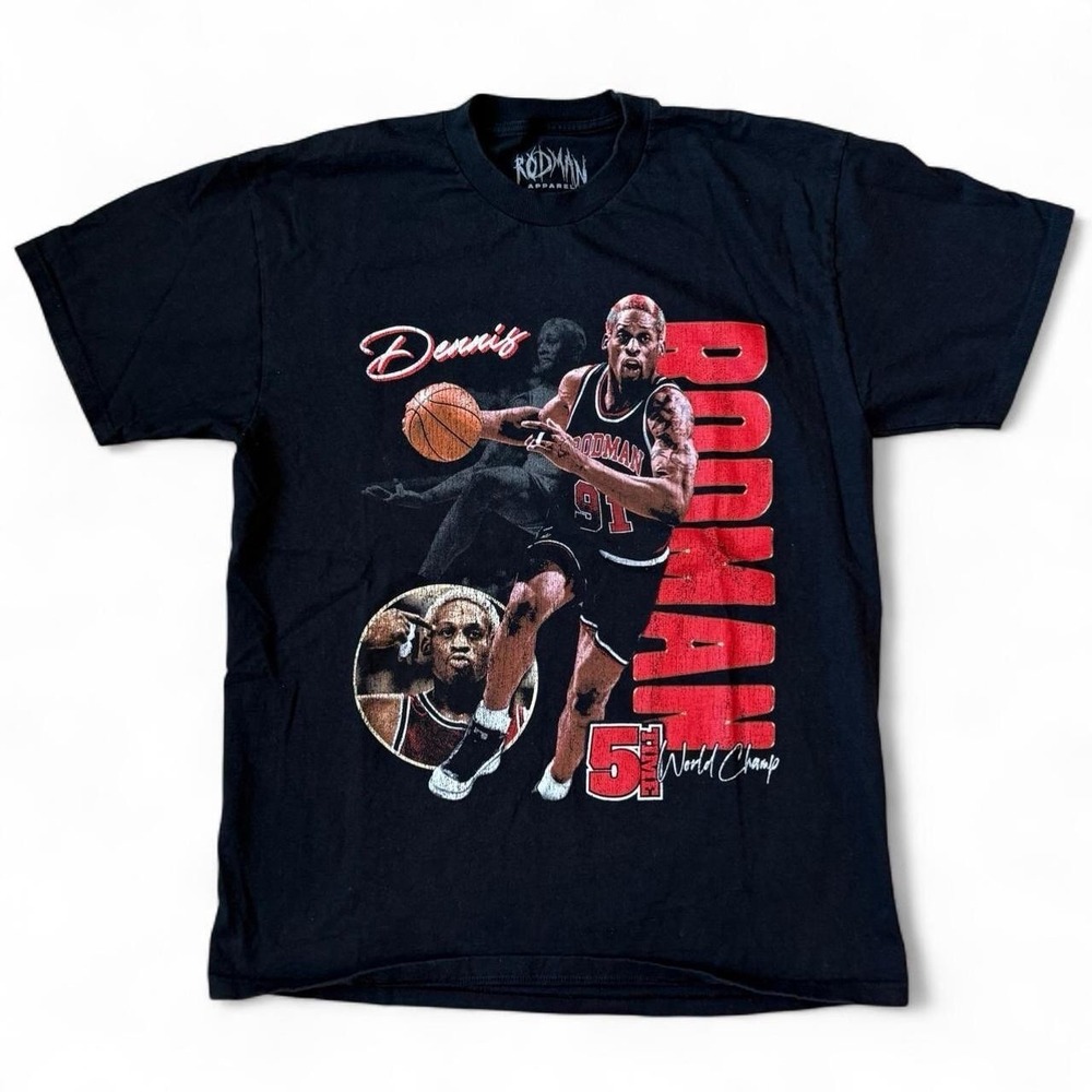 Rodman Apparel Black Graphic T-Shirt Dennis Rodman Chicago Bulls Men's Large NBA